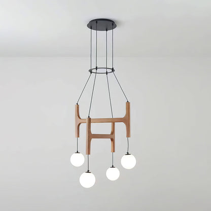Wooden Multi-Arm Hanging Light Fixture White Glass Globes Adjustable Height Cable 2-6 Bulb Dining Room Ceiling Lighting Modern Farmhouse Ind