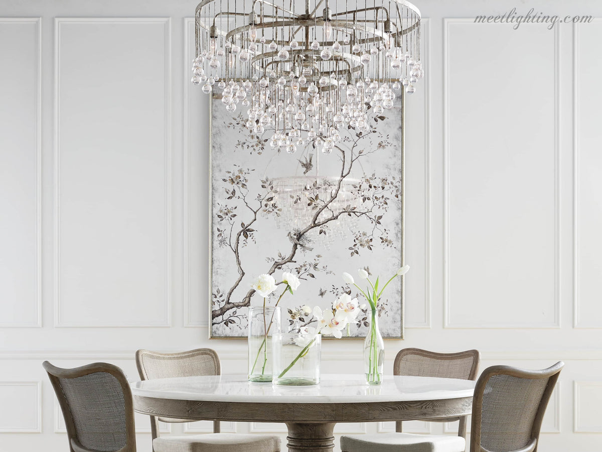 12-Light Hanging Fixture with Stacked Glass Beads in 3 Finishes – Grand Foyer Lighting for High Ceilings