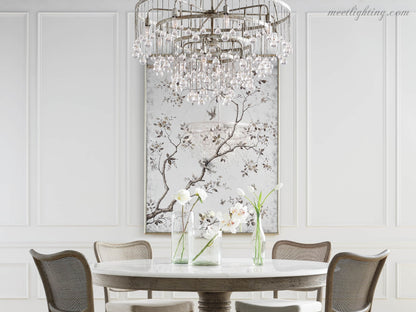 12-Light Hanging Fixture with Stacked Glass Beads in 3 Finishes – Grand Foyer Lighting for High Ceilings
