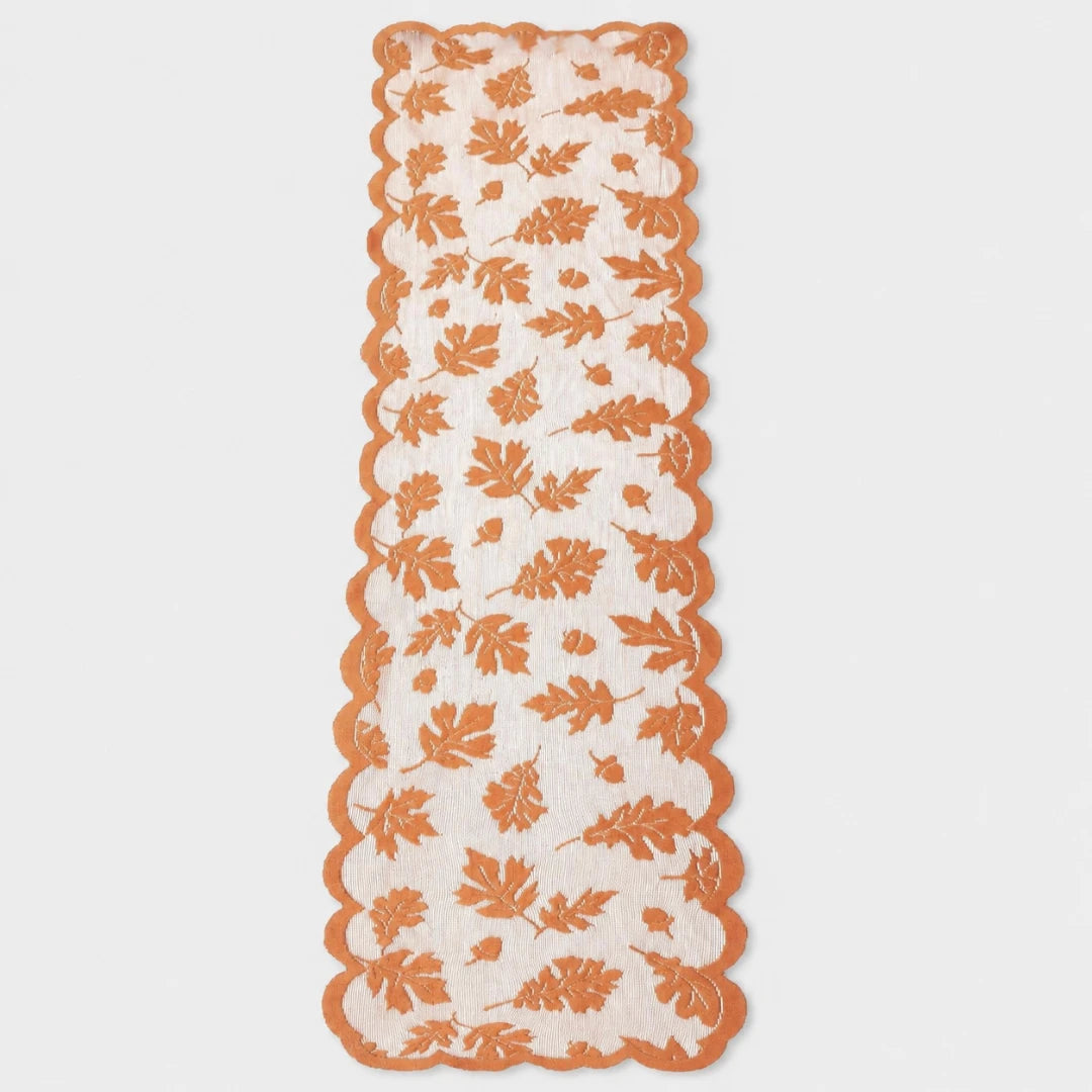 Aurelia Fall Table Runner - Polyester Lace, Rust Red with Leaf Design