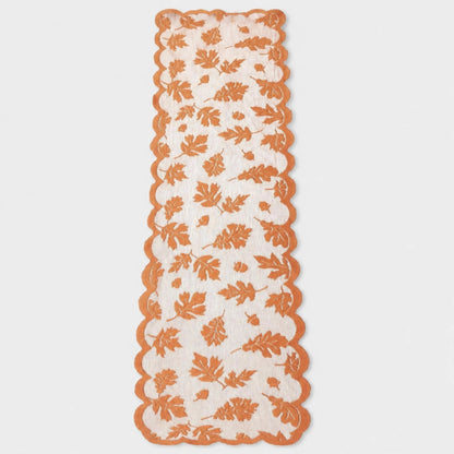 Aurelia Fall Table Runner - Polyester Lace, Rust Red with Leaf Design