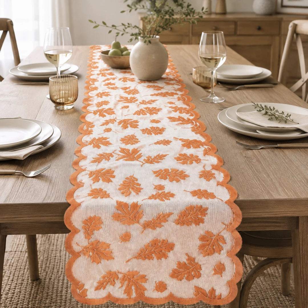 Aurelia Fall Table Runner - Polyester Lace, Rust Red with Leaf Design