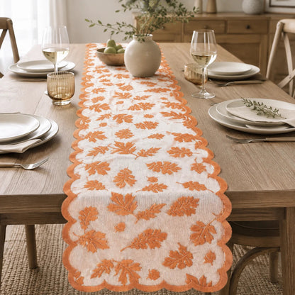 Aurelia Fall Table Runner - Polyester Lace, Rust Red with Leaf Design