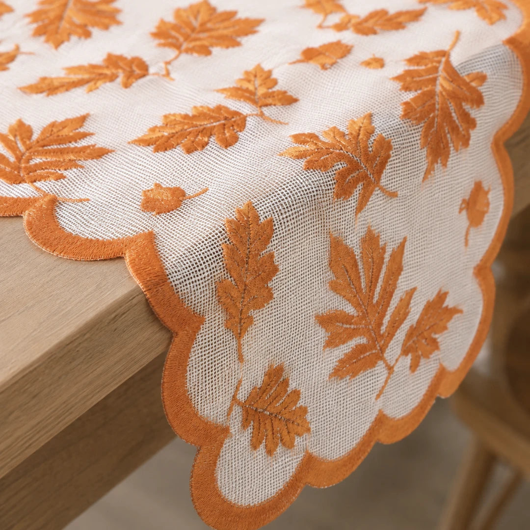 Aurelia Fall Table Runner - Polyester Lace, Rust Red with Leaf Design