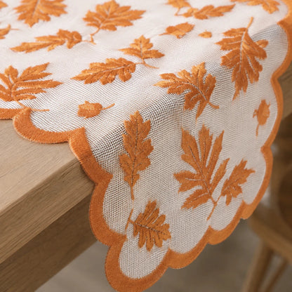 Aurelia Fall Table Runner - Polyester Lace, Rust Red with Leaf Design