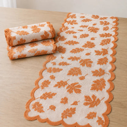 Aurelia Fall Table Runner - Polyester Lace, Rust Red with Leaf Design