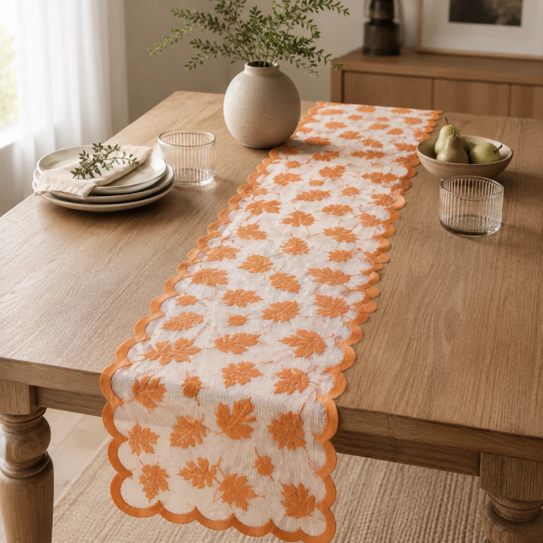 Aurelia Fall Table Runner - Polyester Lace, Rust Red with Leaf Design
