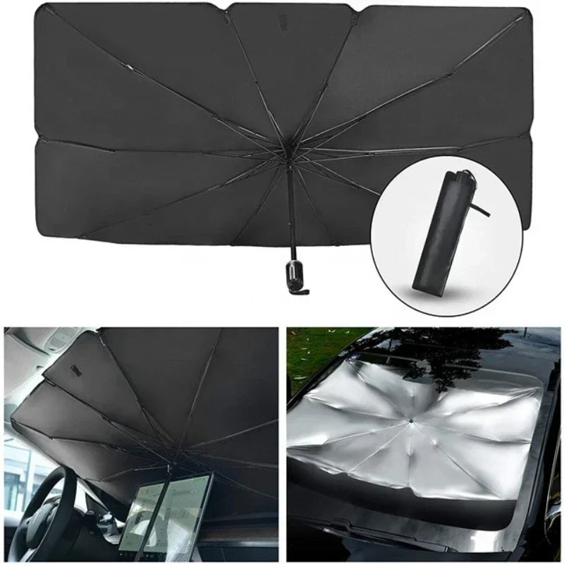 Foldable Windshield Sun Shade for Car | Umbrella Style Heat Blocker with UV Protection | Quick Deploy Reflective Sunshade for Front Window