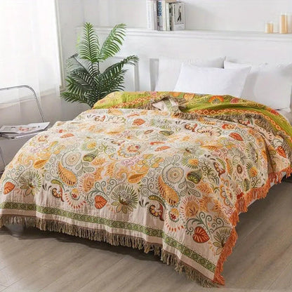 Aurelia Boho Blanket - Reversible Cotton Gauze, Floral Design