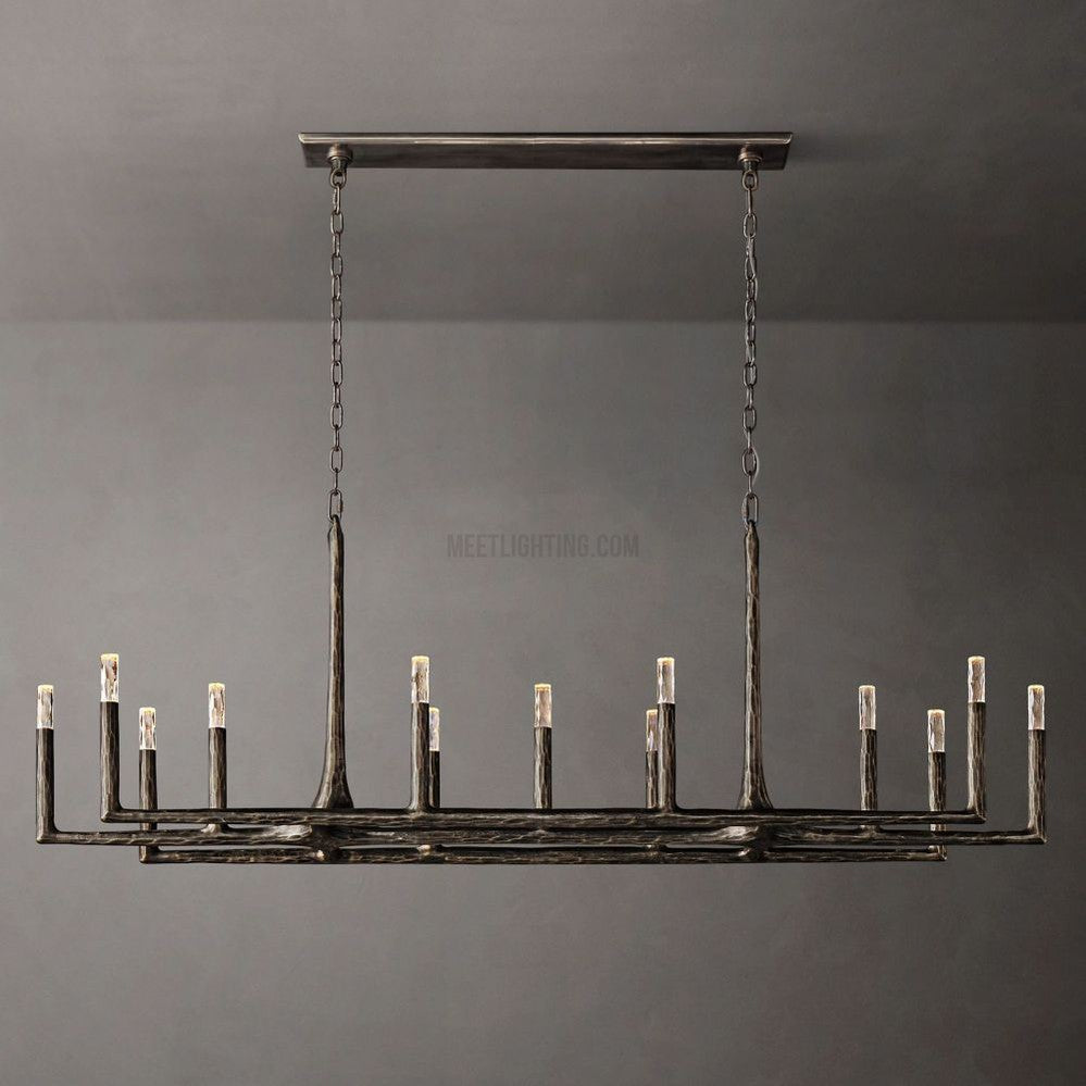 Linear Chandelier with Hand-Forged Metal Frame & Glass Shades for Dining Room