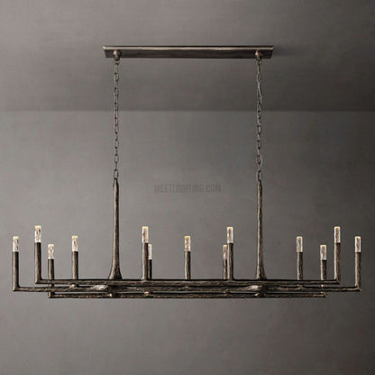 Linear Chandelier with Hand-Forged Metal Frame & Glass Shades for Dining Room