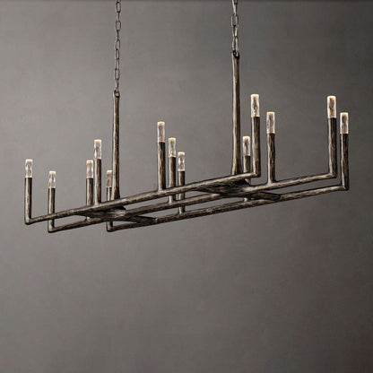 Linear Chandelier with Hand-Forged Metal Frame & Glass Shades for Dining Room