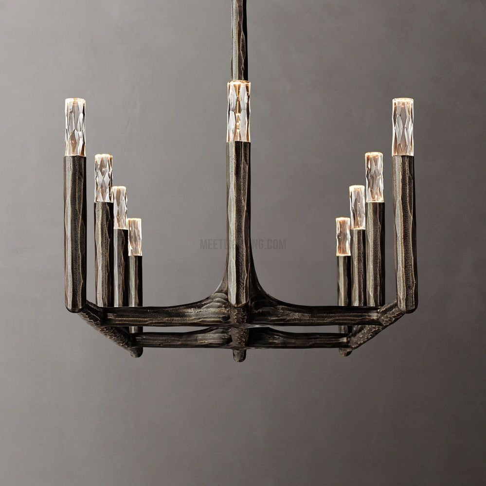 Linear Chandelier with Hand-Forged Metal Frame & Glass Shades for Dining Room