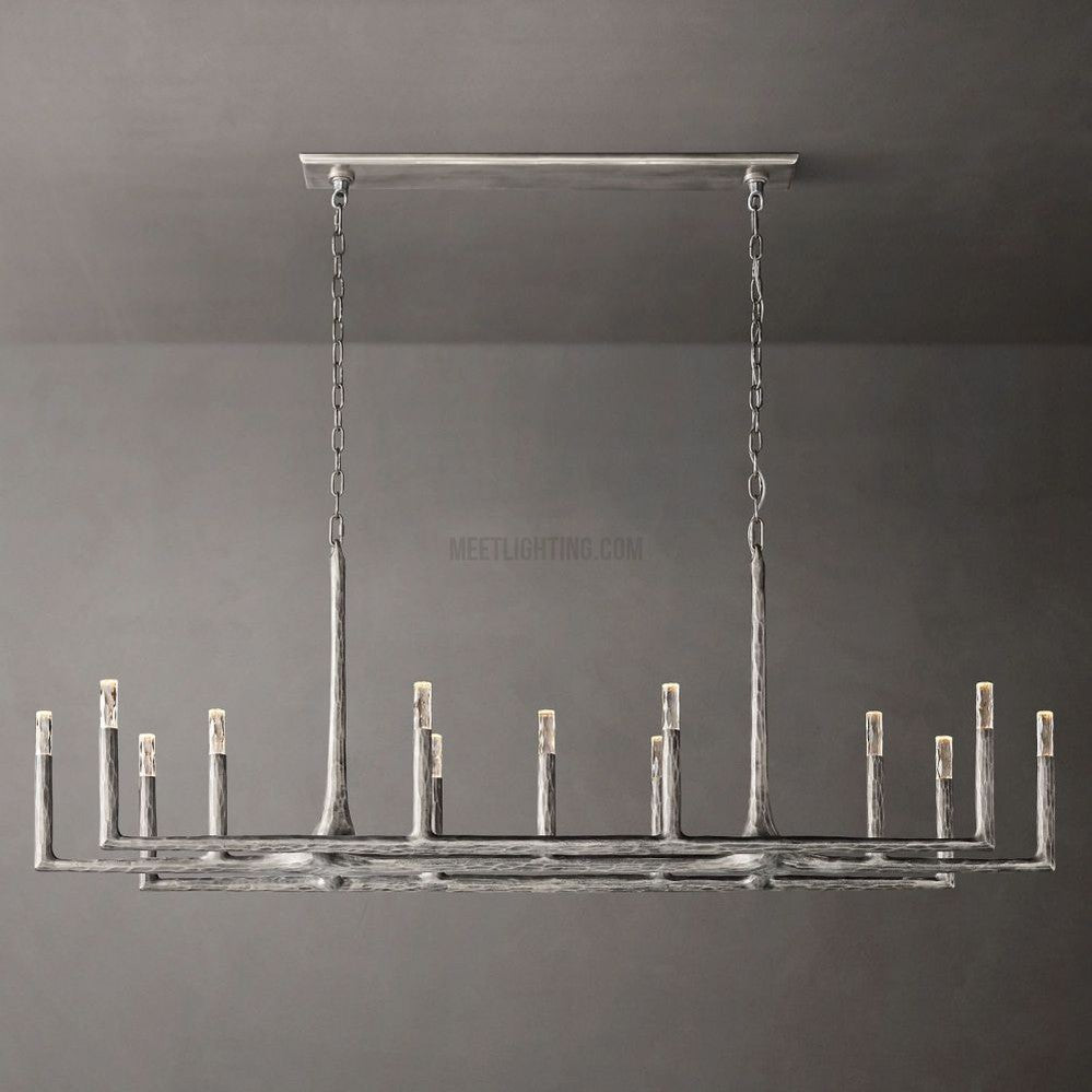Linear Chandelier with Hand-Forged Metal Frame & Glass Shades for Dining Room