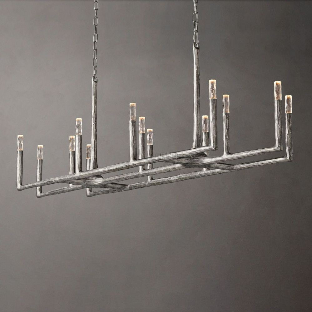 Linear Chandelier with Hand-Forged Metal Frame & Glass Shades for Dining Room