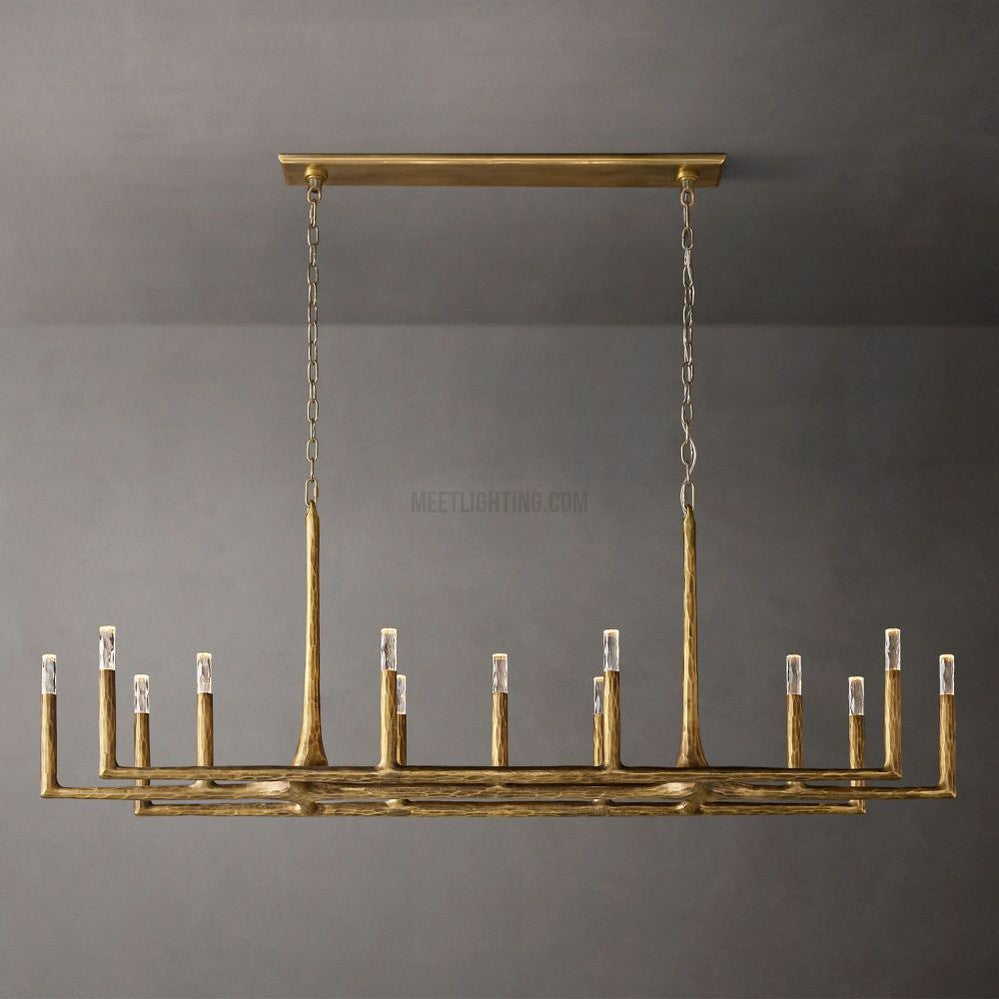 Linear Chandelier with Hand-Forged Metal Frame & Glass Shades for Dining Room