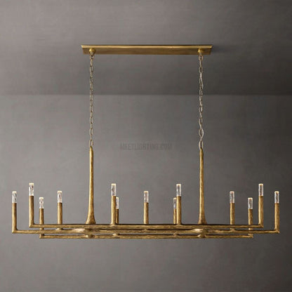Linear Chandelier with Hand-Forged Metal Frame & Glass Shades for Dining Room