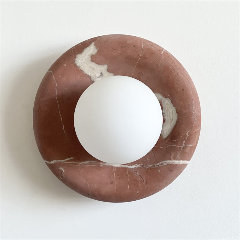 Round Glass Sconce with Natural Stone Backplate – 8-Inch Contemporary Fixture for Entryways, Bedrooms & Corridors