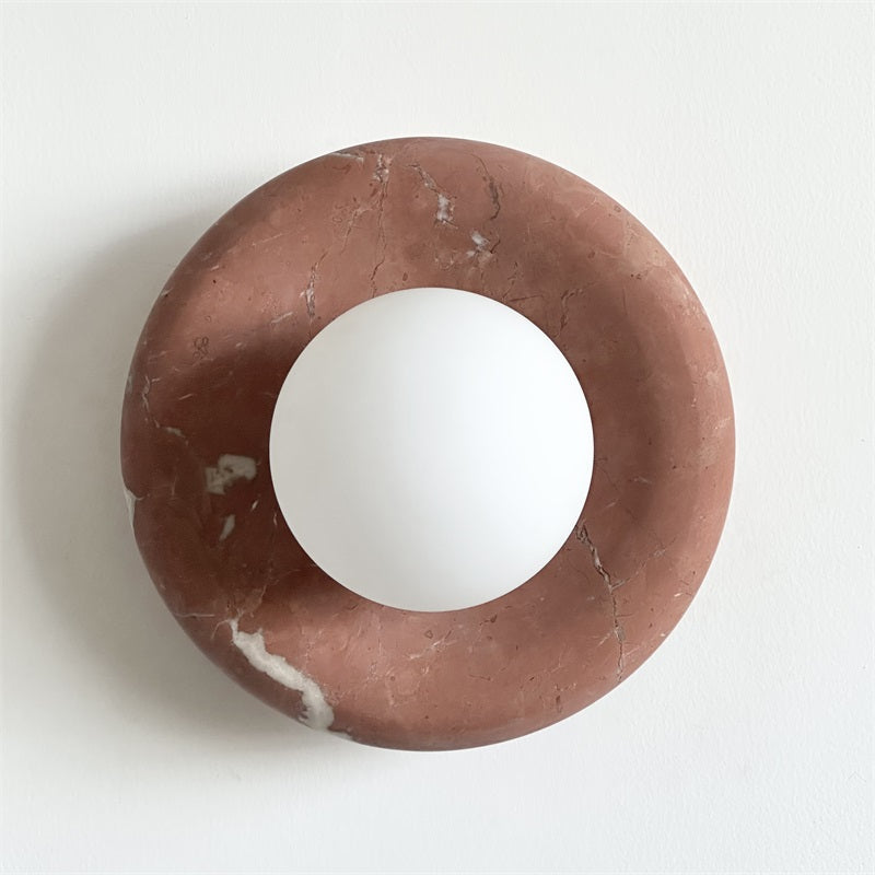 Round Glass Wall Sconce with Curved Marble Backplate for Living Room, Bedroom & Hallway – Hardwired Modern Indoor Light Fixture