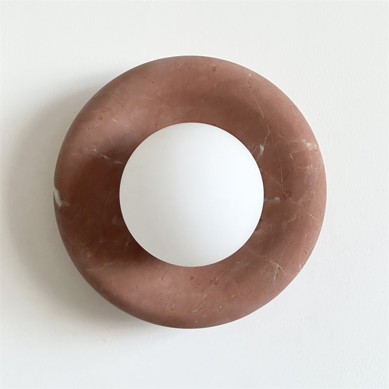 Round Glass Wall Sconce with Curved Marble Backplate for Living Room, Bedroom & Hallway – Hardwired Modern Indoor Light Fixture