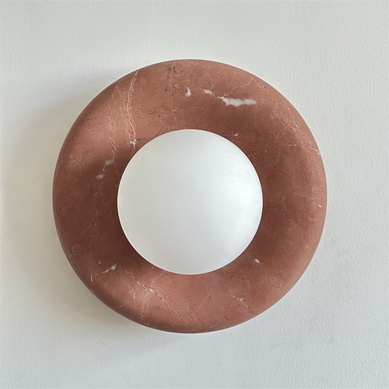 Round Glass Wall Sconce with Curved Marble Backplate for Living Room, Bedroom & Hallway – Hardwired Modern Indoor Light Fixture