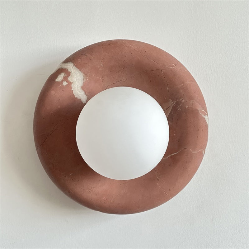 Round Glass Wall Sconce with Curved Marble Backplate for Living Room, Bedroom & Hallway – Hardwired Modern Indoor Light Fixture