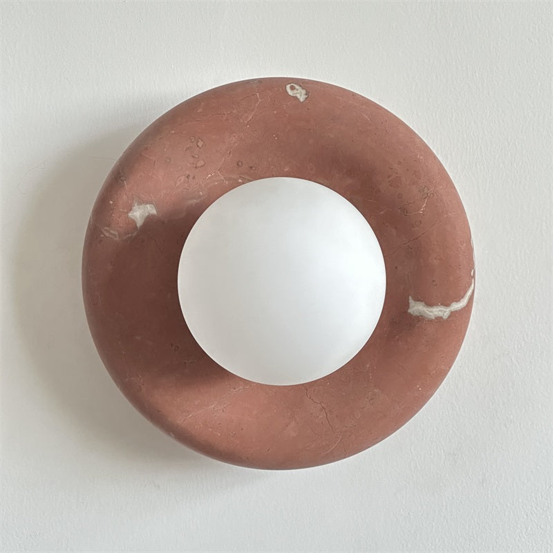 Round Glass Wall Sconce with Curved Marble Backplate for Living Room, Bedroom & Hallway – Hardwired Modern Indoor Light Fixture