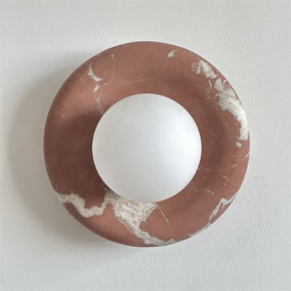 Round Glass Wall Sconce with Curved Marble Backplate for Living Room, Bedroom & Hallway – Hardwired Modern Indoor Light Fixture