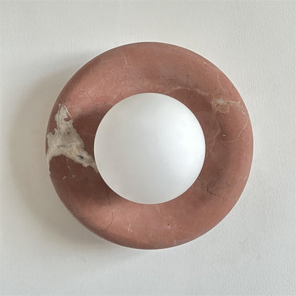 Round Glass Wall Sconce with Curved Marble Backplate for Living Room, Bedroom & Hallway – Hardwired Modern Indoor Light Fixture