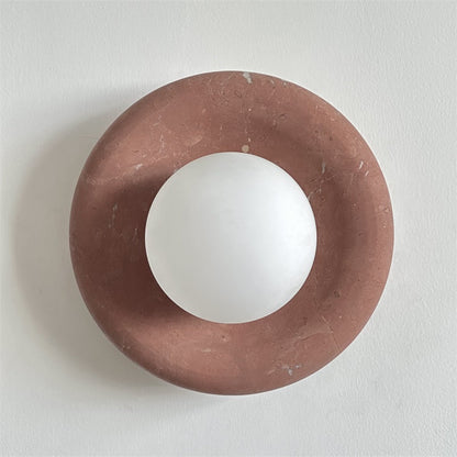 Round Glass Wall Sconce with Curved Marble Backplate for Living Room, Bedroom & Hallway – Hardwired Modern Indoor Light Fixture