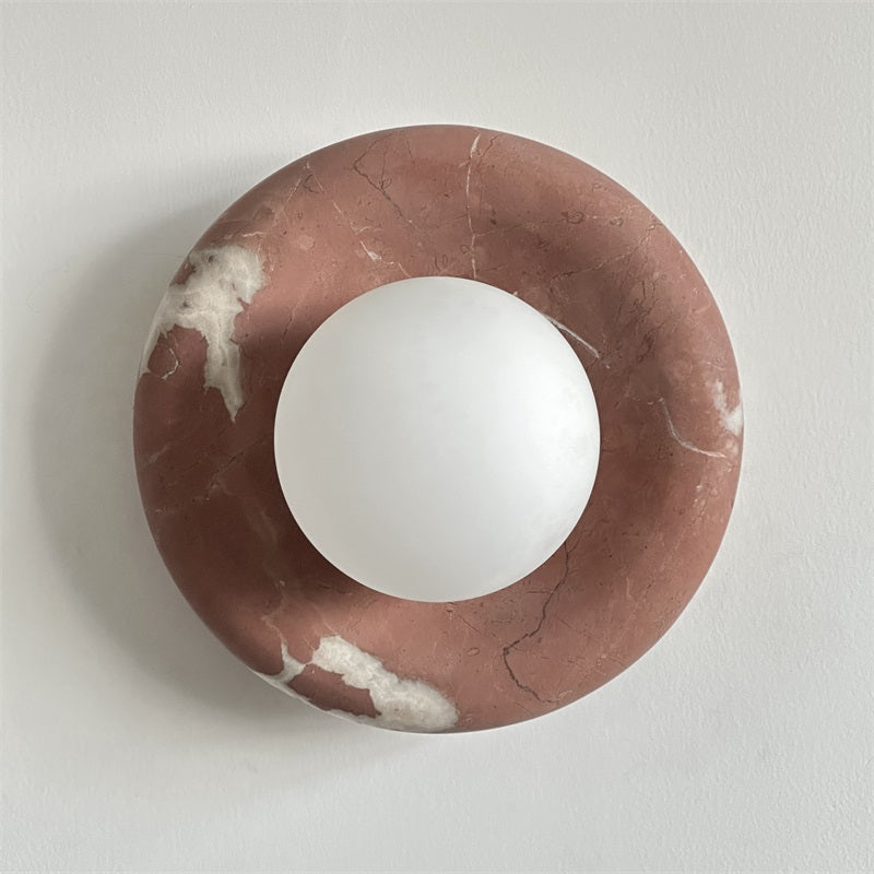 Round Glass Wall Sconce with Curved Marble Backplate for Living Room, Bedroom & Hallway – Hardwired Modern Indoor Light Fixture