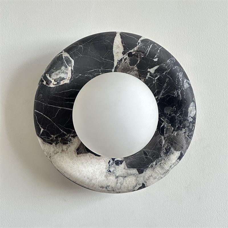 Round Glass Sconce with Natural Stone Backplate – 8-Inch Contemporary Fixture for Entryways, Bedrooms & Corridors