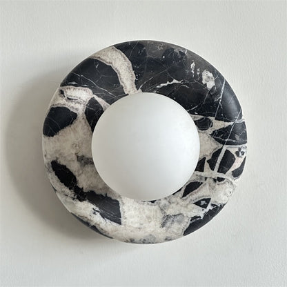 Round Glass Wall Sconce with Curved Marble Backplate for Living Room, Bedroom & Hallway – Hardwired Modern Indoor Light Fixture