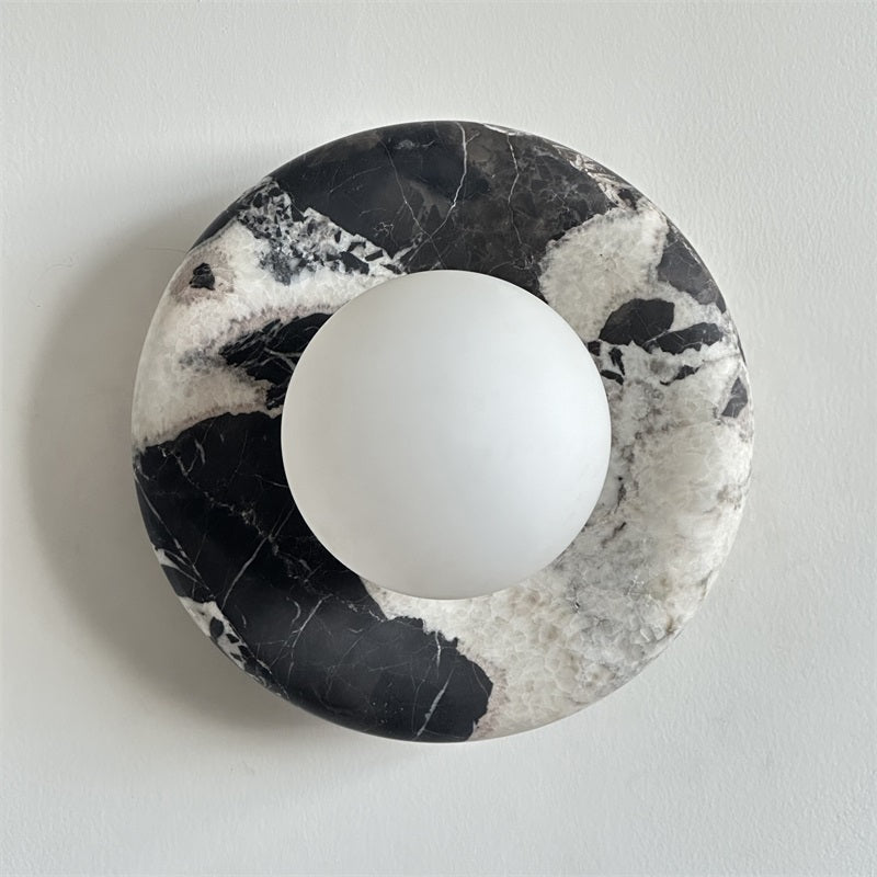 Round Glass Wall Sconce with Curved Marble Backplate for Living Room, Bedroom & Hallway – Hardwired Modern Indoor Light Fixture