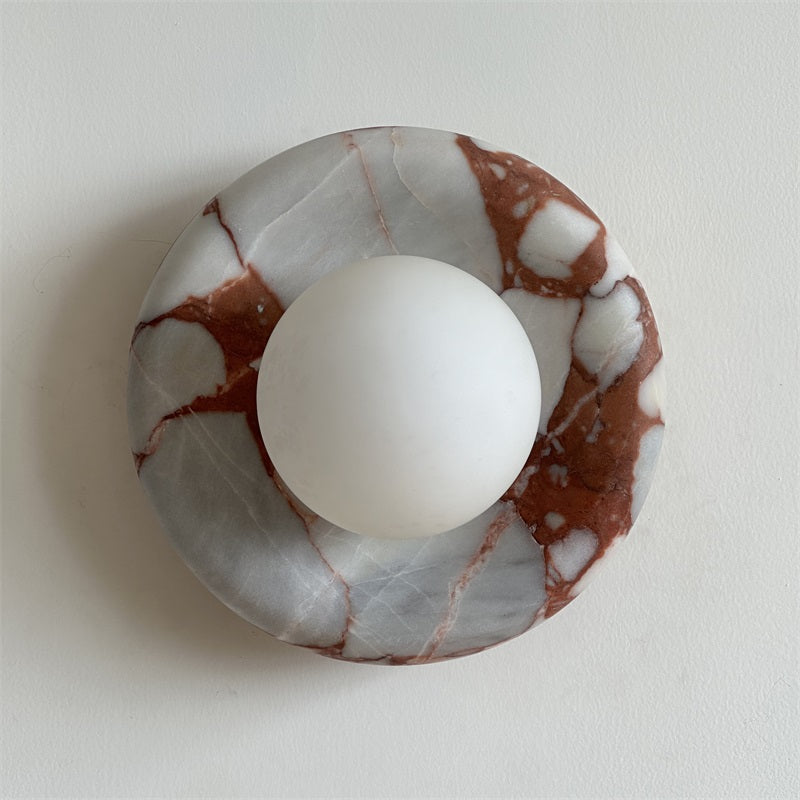 Round Glass Sconce with Natural Stone Backplate – 8-Inch Contemporary Fixture for Entryways, Bedrooms & Corridors