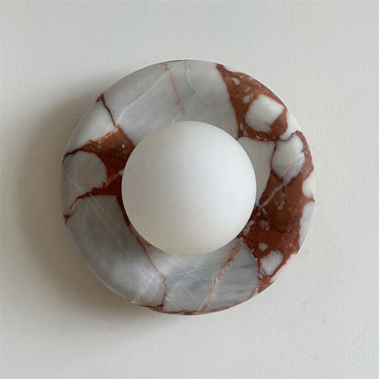 Round Glass Wall Sconce with Curved Marble Backplate for Living Room, Bedroom & Hallway – Hardwired Modern Indoor Light Fixture