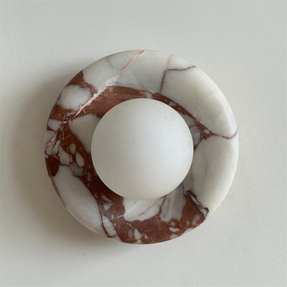 Round Glass Wall Sconce with Curved Marble Backplate for Living Room, Bedroom & Hallway – Hardwired Modern Indoor Light Fixture