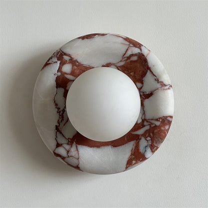 Round Glass Wall Sconce with Curved Marble Backplate for Living Room, Bedroom & Hallway – Hardwired Modern Indoor Light Fixture