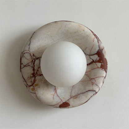 Round Glass Wall Sconce with Curved Marble Backplate for Living Room, Bedroom & Hallway – Hardwired Modern Indoor Light Fixture