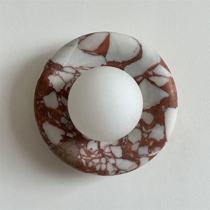 Round Glass Wall Sconce with Curved Marble Backplate for Living Room, Bedroom & Hallway – Hardwired Modern Indoor Light Fixture