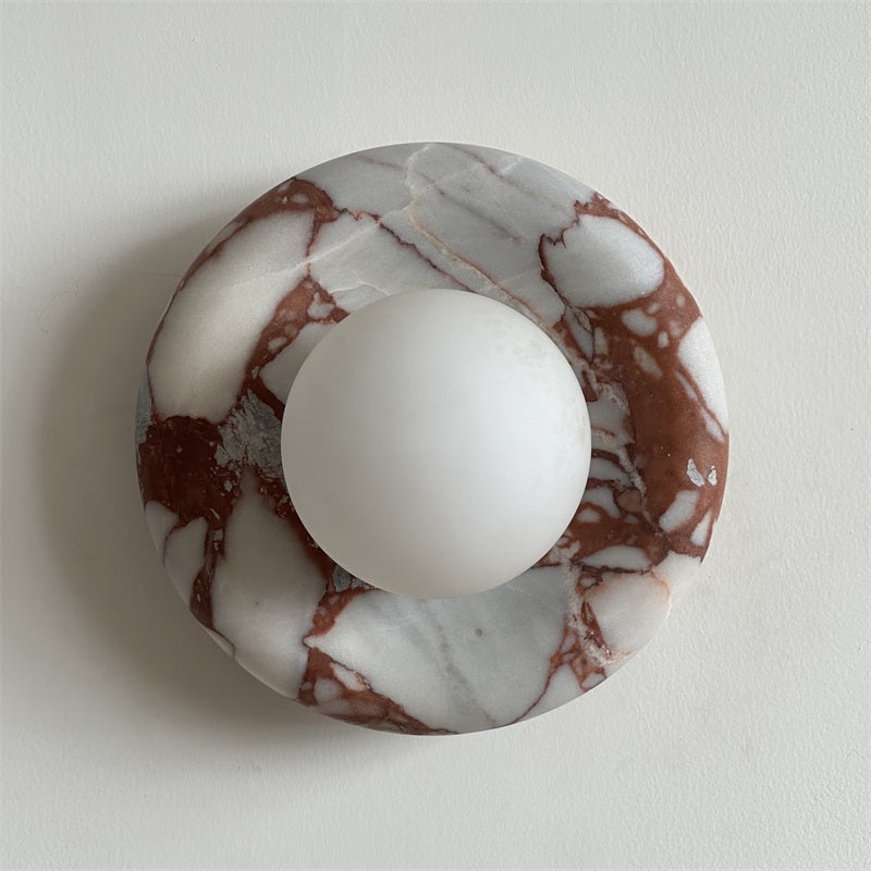 Round Glass Wall Sconce with Curved Marble Backplate for Living Room, Bedroom & Hallway – Hardwired Modern Indoor Light Fixture