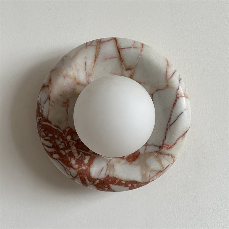 Round Glass Wall Sconce with Curved Marble Backplate for Living Room, Bedroom & Hallway – Hardwired Modern Indoor Light Fixture