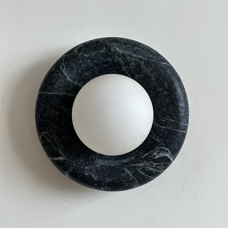Round Glass Wall Sconce with Curved Marble Backplate for Living Room, Bedroom & Hallway – Hardwired Modern Indoor Light Fixture