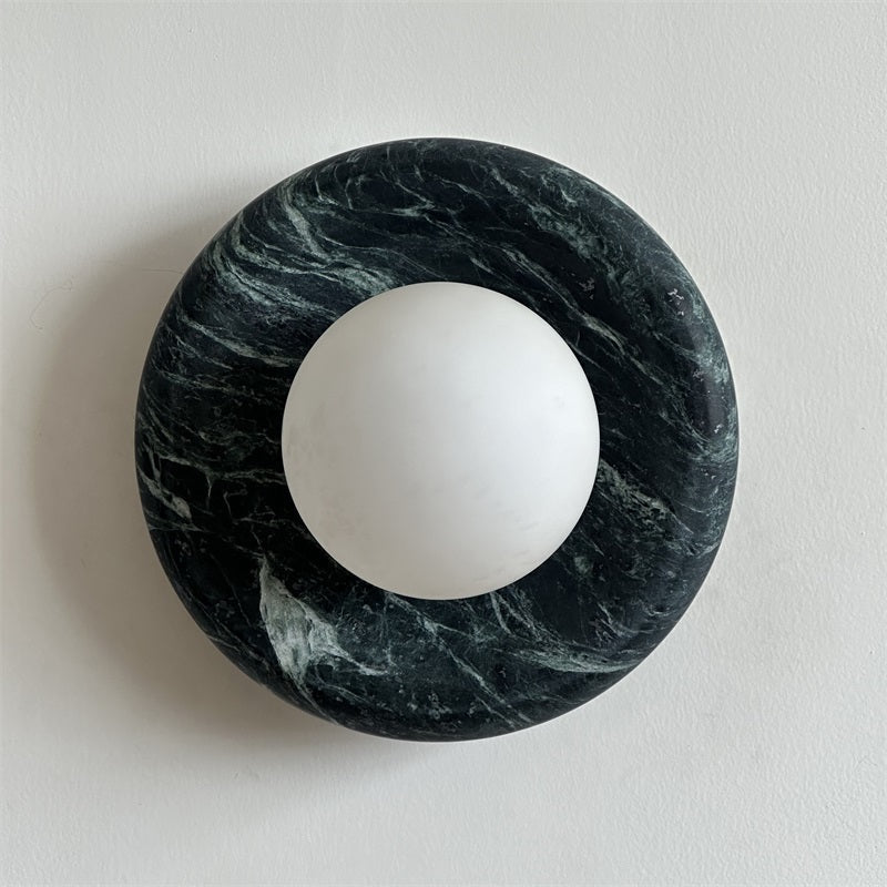 Round Glass Sconce with Natural Stone Backplate – 8-Inch Contemporary Fixture for Entryways, Bedrooms & Corridors