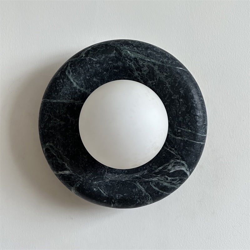 Round Glass Wall Sconce with Curved Marble Backplate for Living Room, Bedroom & Hallway – Hardwired Modern Indoor Light Fixture
