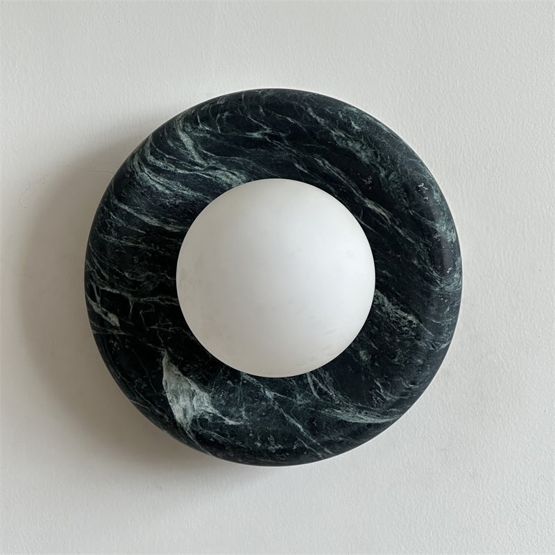 Round Glass Wall Sconce with Curved Marble Backplate for Living Room, Bedroom & Hallway – Hardwired Modern Indoor Light Fixture