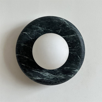 Round Glass Wall Sconce with Curved Marble Backplate for Living Room, Bedroom & Hallway – Hardwired Modern Indoor Light Fixture