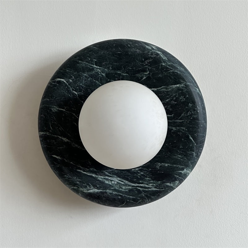 Round Glass Wall Sconce with Curved Marble Backplate for Living Room, Bedroom & Hallway – Hardwired Modern Indoor Light Fixture