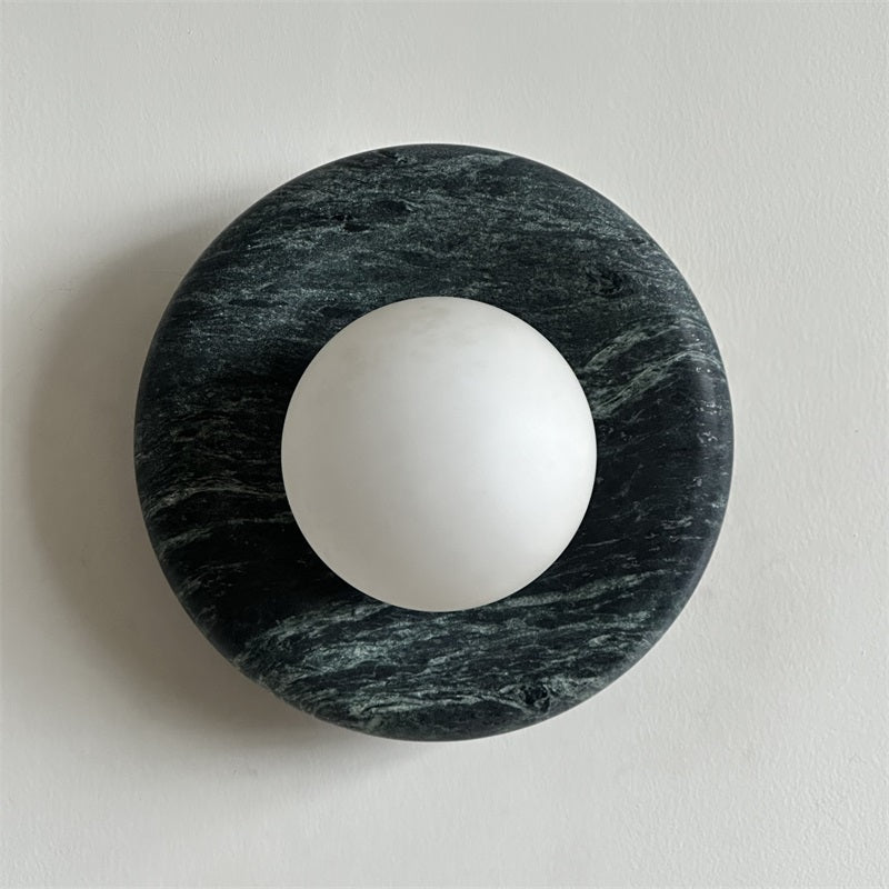 Round Glass Wall Sconce with Curved Marble Backplate for Living Room, Bedroom & Hallway – Hardwired Modern Indoor Light Fixture