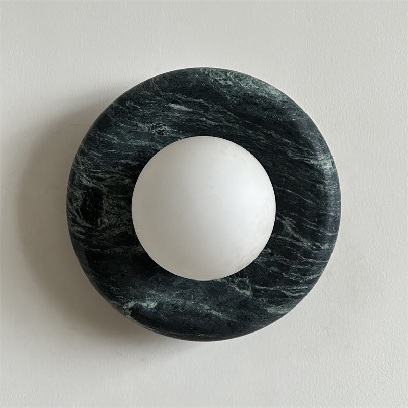 Round Glass Sconce with Natural Stone Backplate – 8-Inch Contemporary Fixture for Entryways, Bedrooms & Corridors